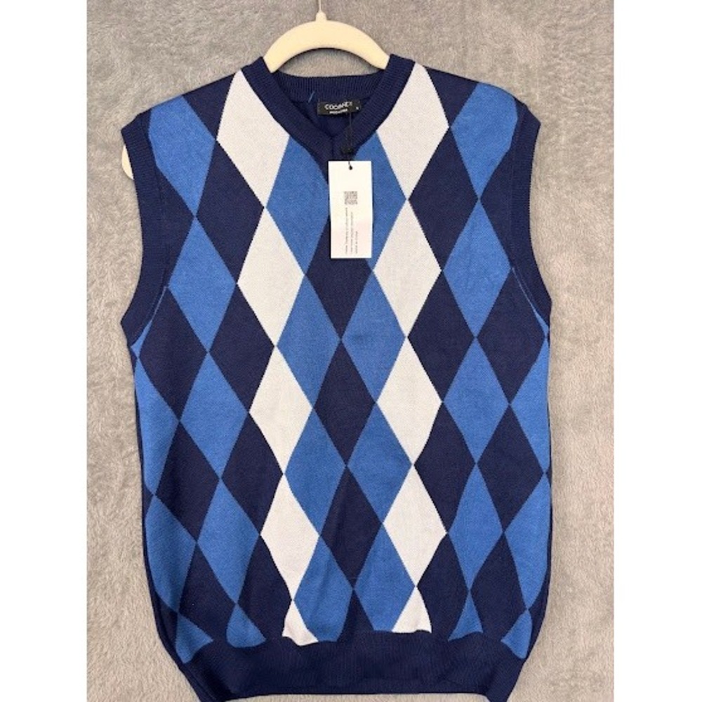 COOFANDY‎ Mens Argyle Sweater Vest Blue White V-Neck Knit Pullover Size S NEW